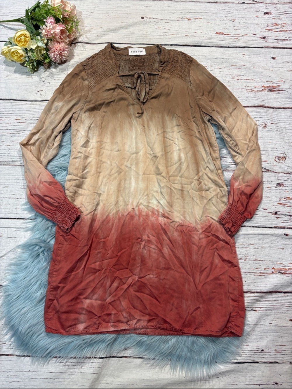 Bella Dahl Smocked Yoke Tunic Dress in a Flax Henna Ombre tie-dye